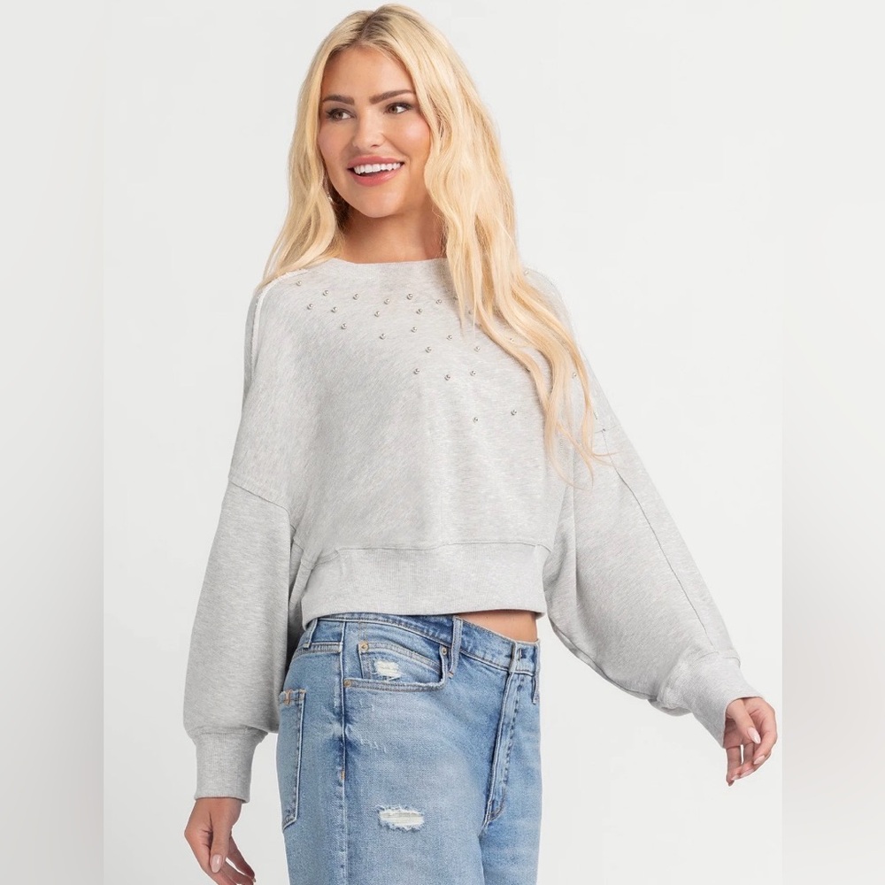 Jessica Simpson Merill Heather Gray Pullover Top Crew Sweater Stud Detail Size M